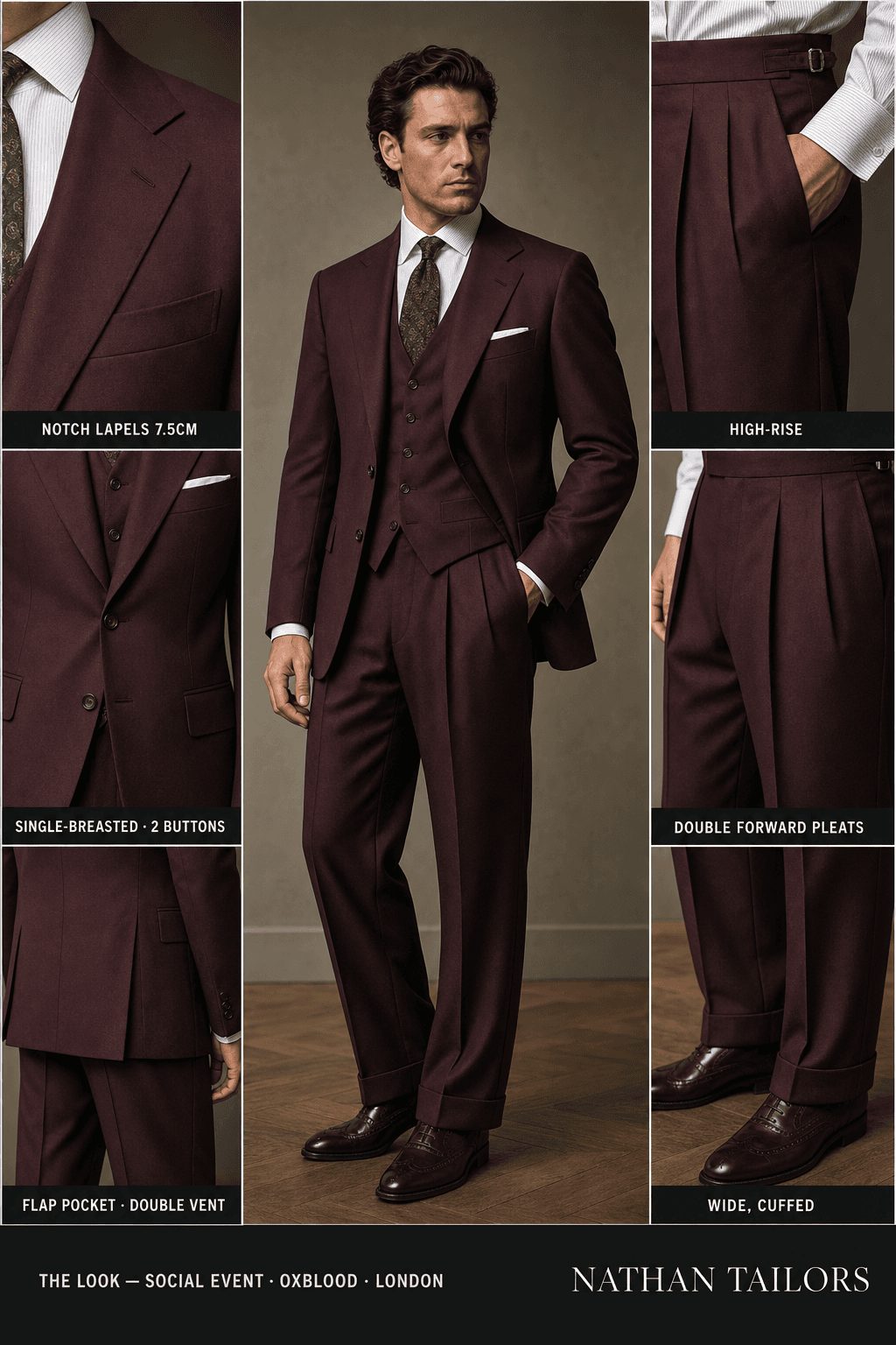 oxblood single-breasted bespoke suit — custom tailored by Nathan Tailors, the Hoi An custom tailor