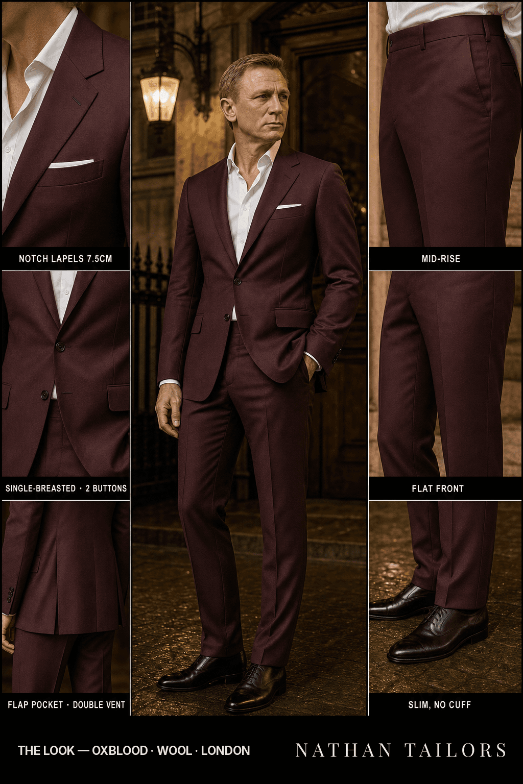 oxblood single-breasted notch-lapel bespoke suit — AI-rendered by Nathan Tailors, the Hoi An custom tailor. Available as a custom tailored suit from $149.