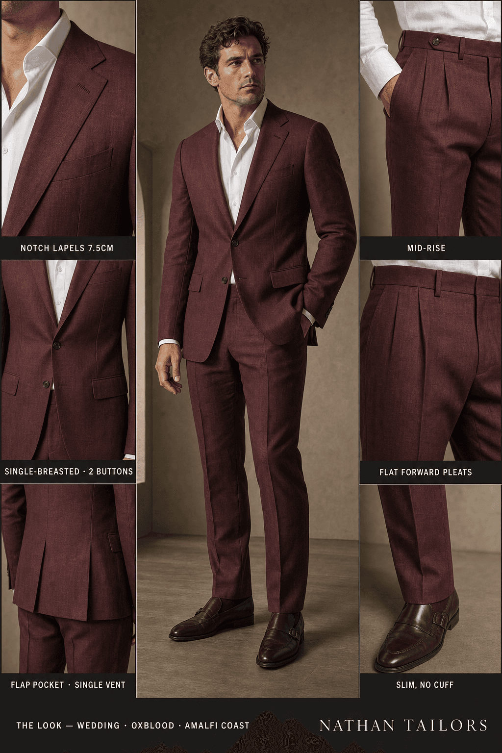oxblood single-breasted notch-lapel bespoke suit — AI-rendered by Nathan Tailors, the Hoi An custom tailor. Available as a custom tailored suit from $129.