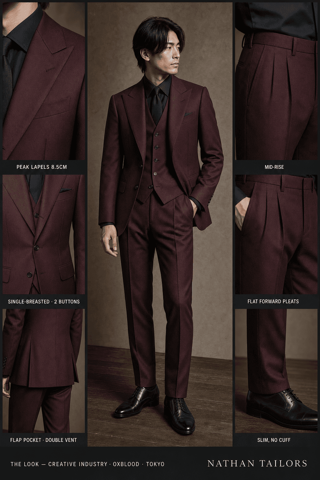 oxblood single-breasted bespoke suit — custom tailored by Nathan Tailors, the Hoi An custom tailor