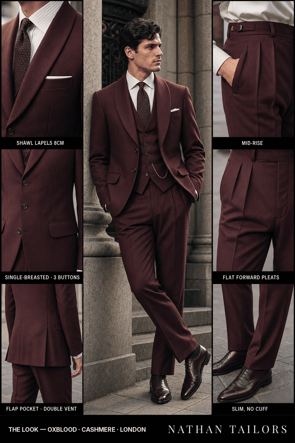 oxblood single-breasted bespoke suit — custom tailored by Nathan Tailors, the Hoi An custom tailor