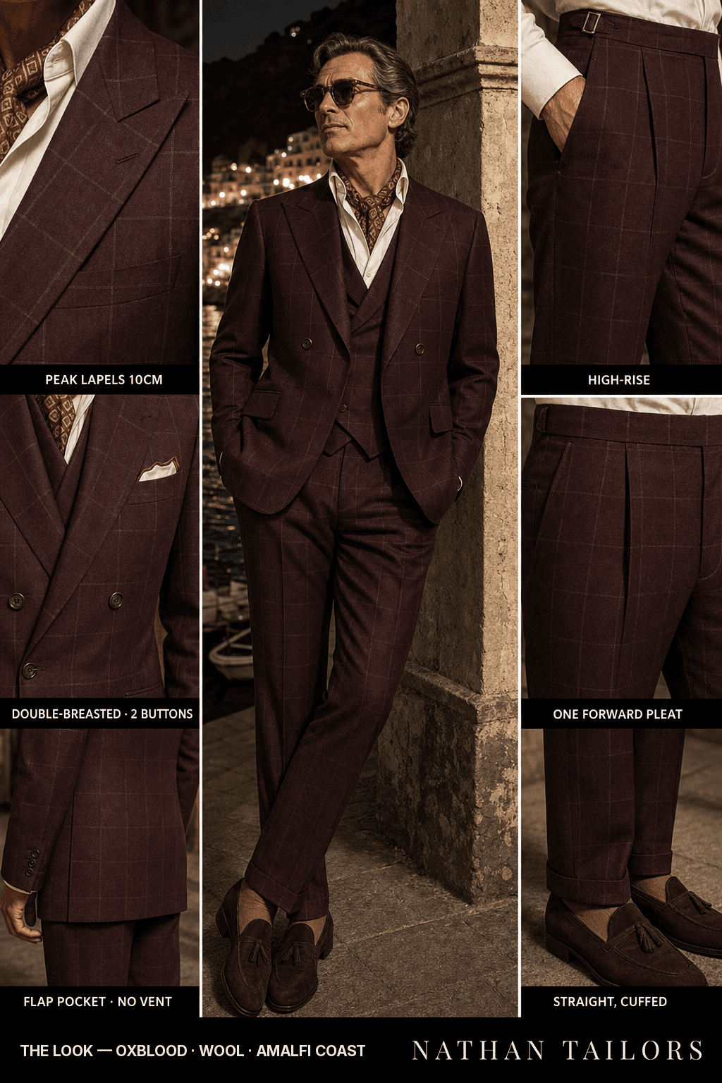 oxblood windowpane double-breasted bespoke suit — custom tailored by Nathan Tailors, the Hoi An custom tailor