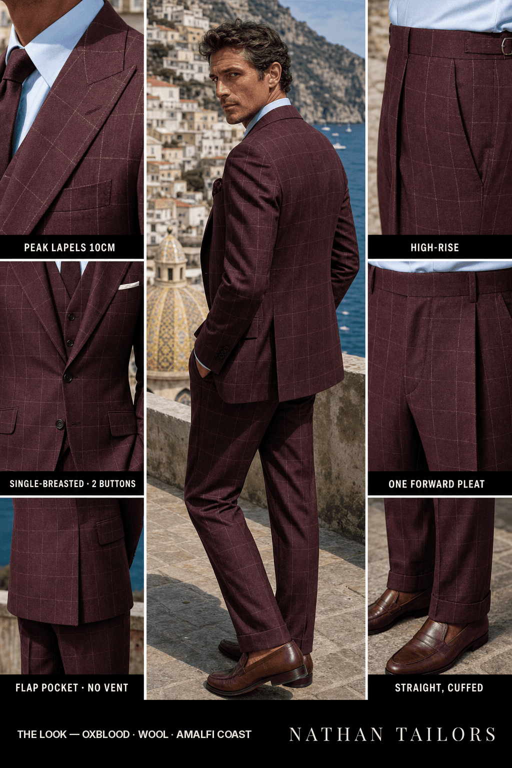 oxblood windowpane single-breasted bespoke suit — custom tailored by Nathan Tailors, the Hoi An custom tailor