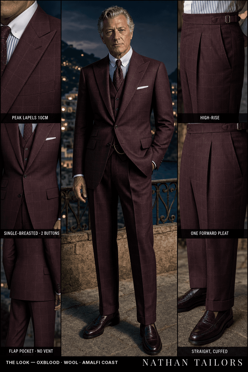 oxblood windowpane single-breasted bespoke suit — custom tailored by Nathan Tailors, the Hoi An custom tailor
