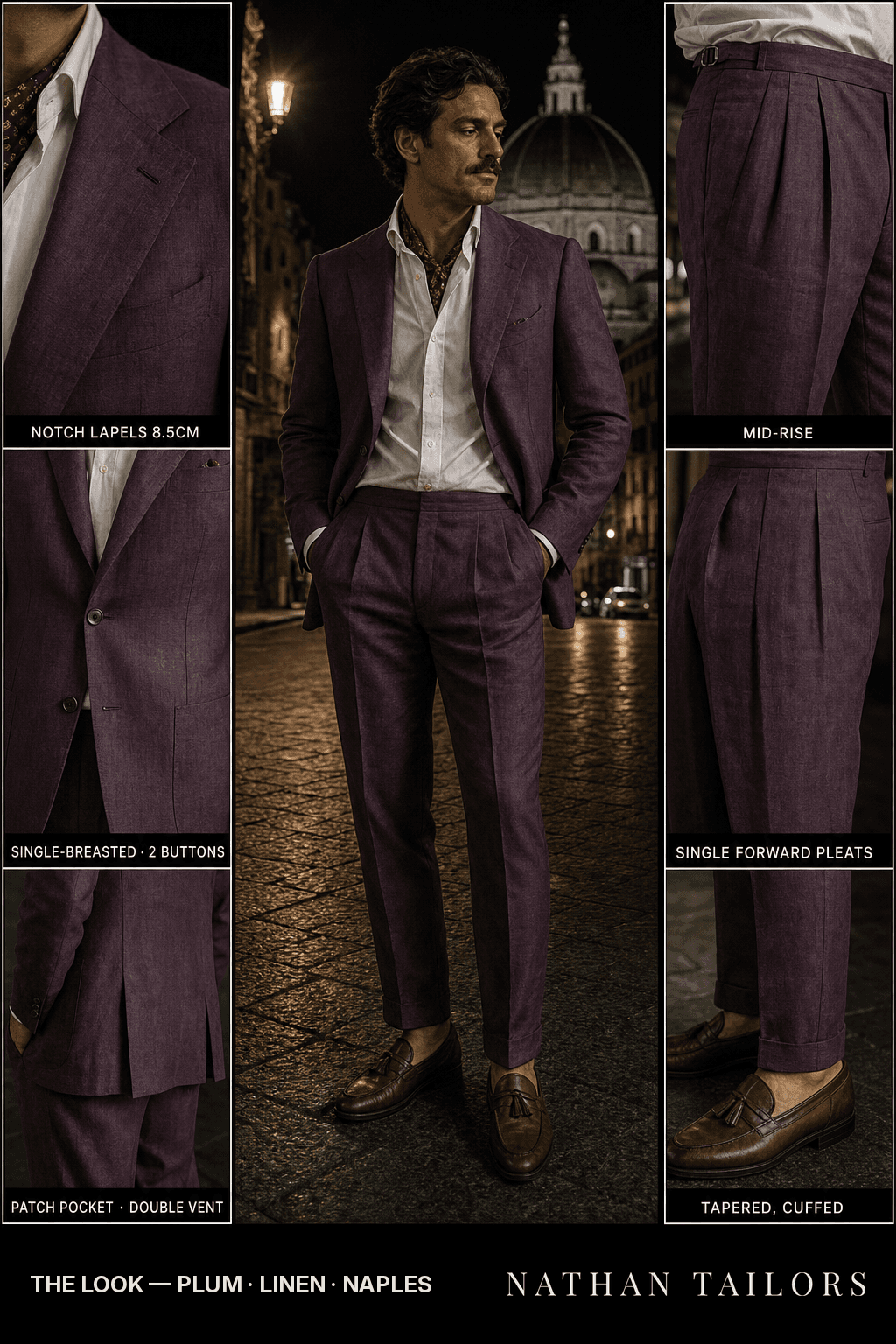 plum single-breasted bespoke suit — custom tailored by Nathan Tailors, the Hoi An custom tailor