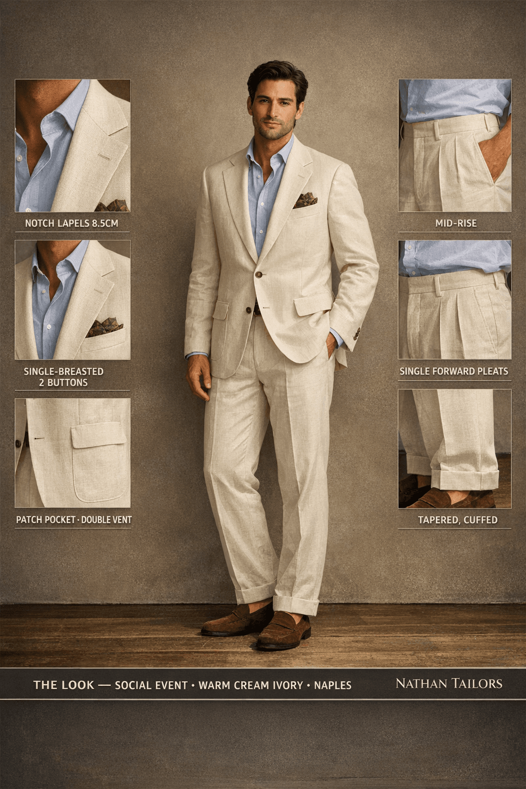 warm cream ivory single-breasted suit — Nathan Tailors Hoi An tailor Atelier render