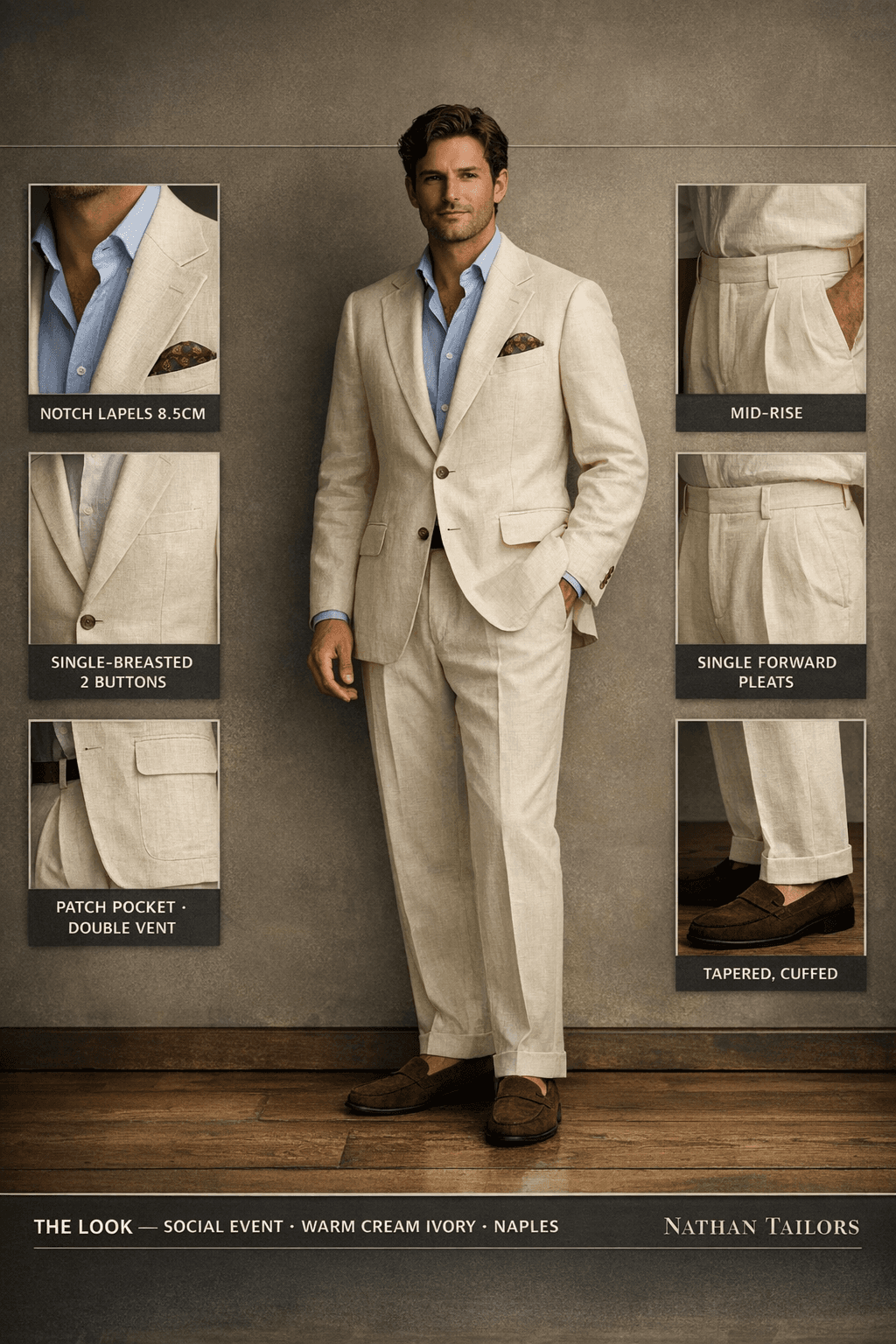 warm cream ivory single-breasted suit — Nathan Tailors Hoi An tailor Atelier render