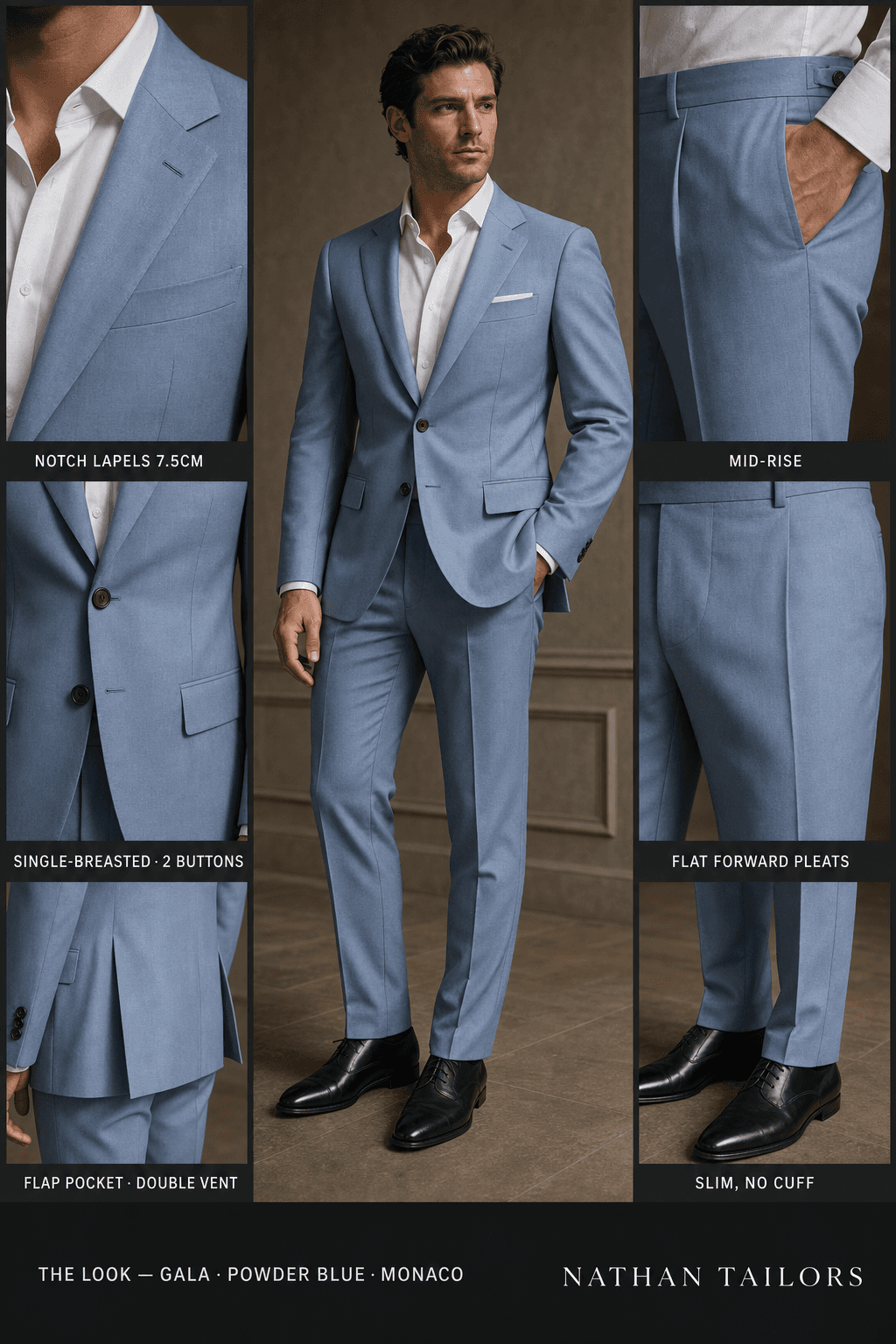 powder blue single-breasted bespoke suit — custom tailored by Nathan Tailors, the Hoi An custom tailor