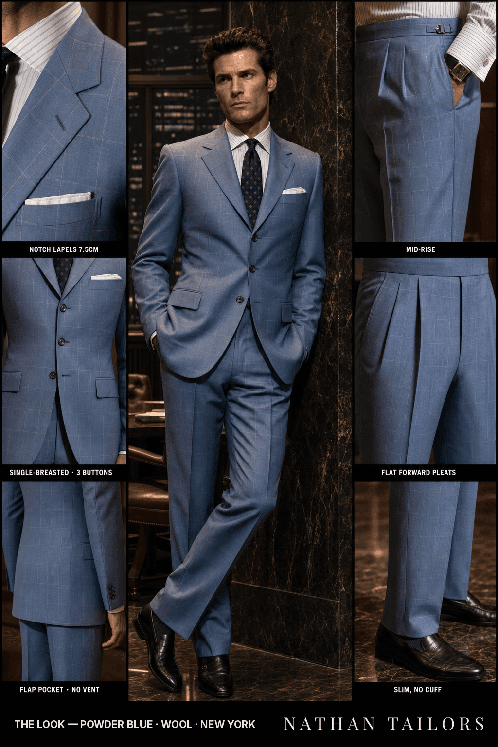 powder blue windowpane single-breasted bespoke suit — custom tailored by Nathan Tailors, the Hoi An custom tailor