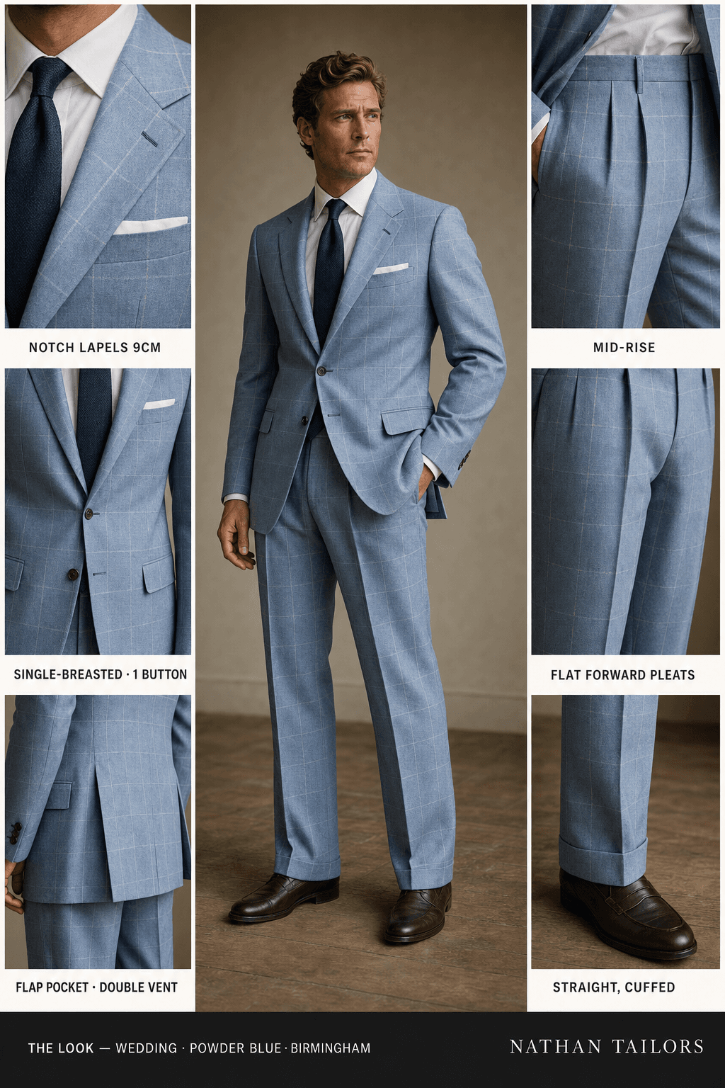 powder blue windowpane single-breasted bespoke suit — custom tailored by Nathan Tailors, the Hoi An custom tailor