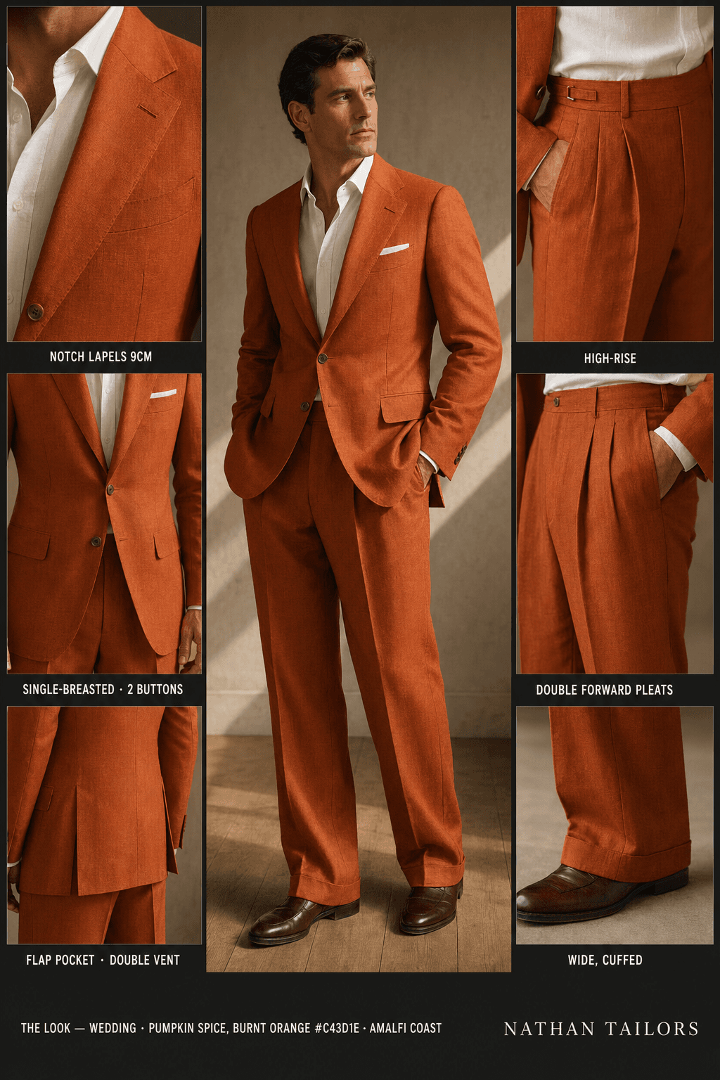Pumpkin spice, burnt orange #c43d1e single-breasted bespoke suit — custom tailored by Nathan Tailors, the Hoi An custom tailor