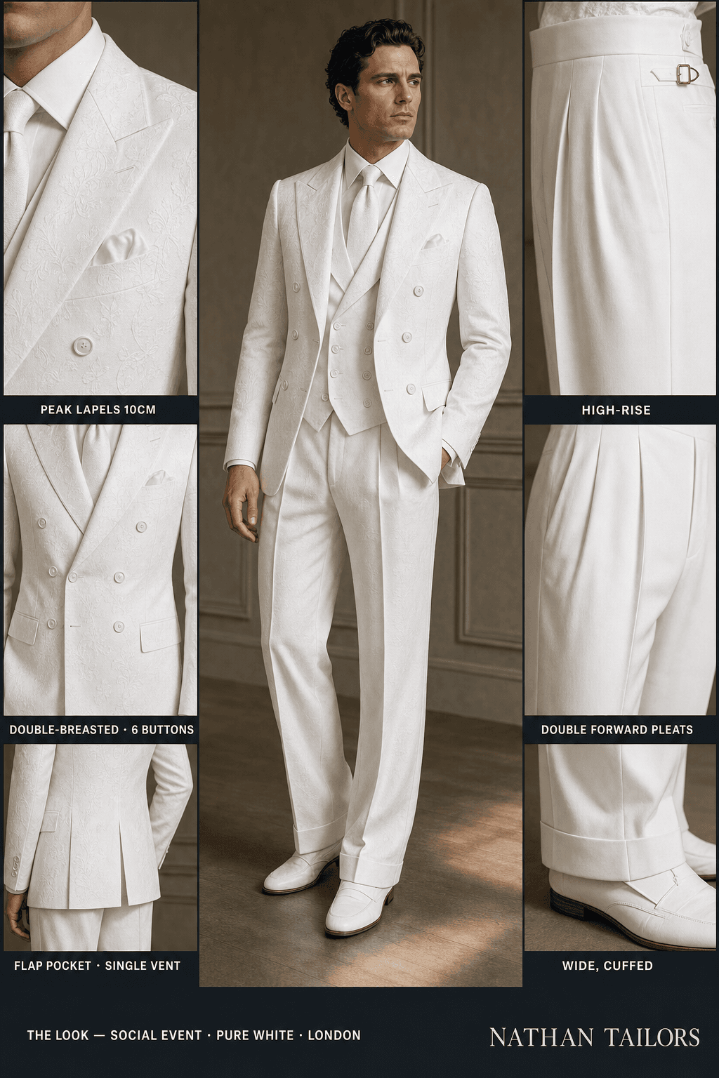 pure white double-breasted bespoke suit — custom tailored by Nathan Tailors, the Hoi An custom tailor
