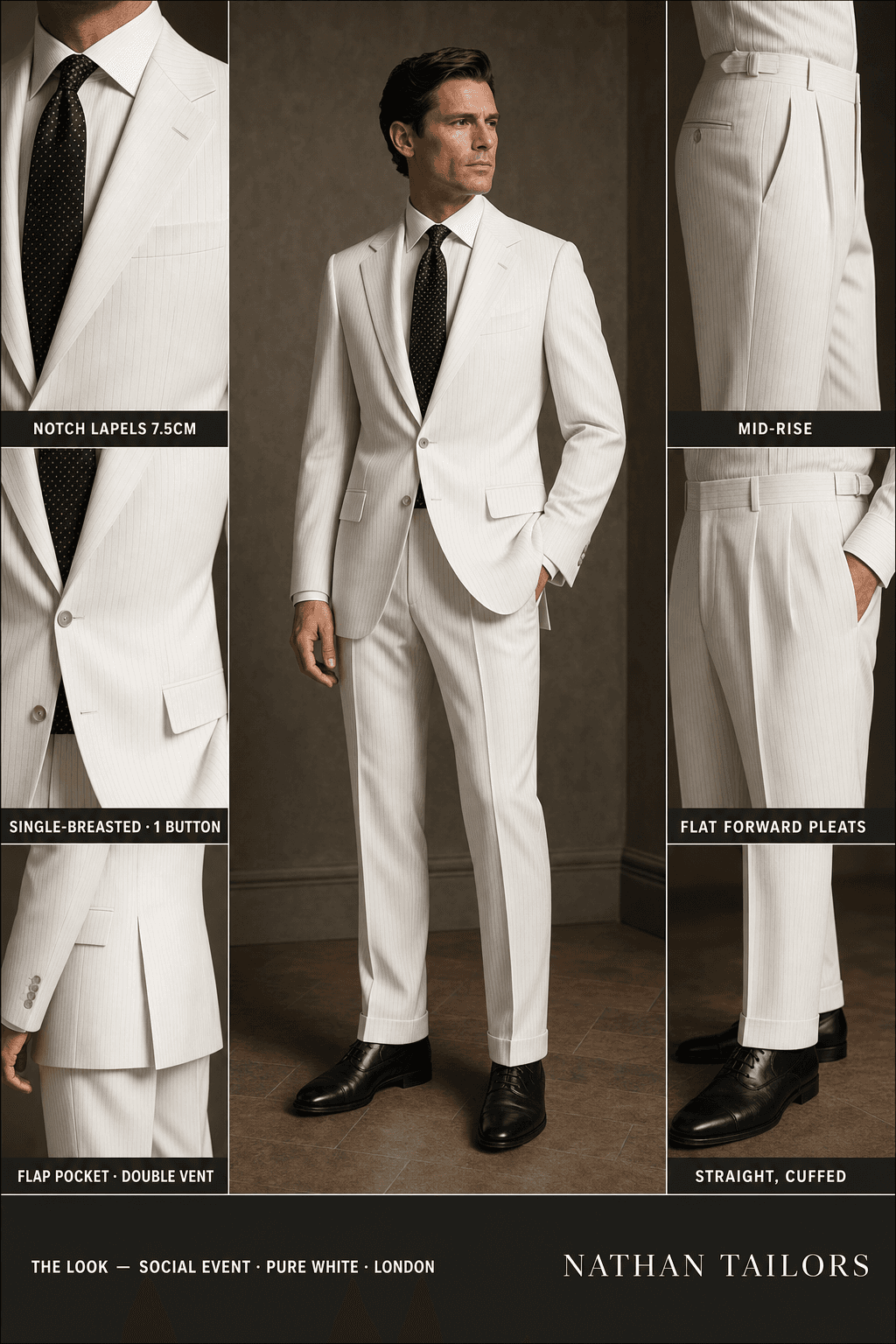 pure white pinstripe single-breasted notch-lapel bespoke suit — AI-rendered by Nathan Tailors, the Hoi An custom tailor. Available as a custom tailored suit from $129.