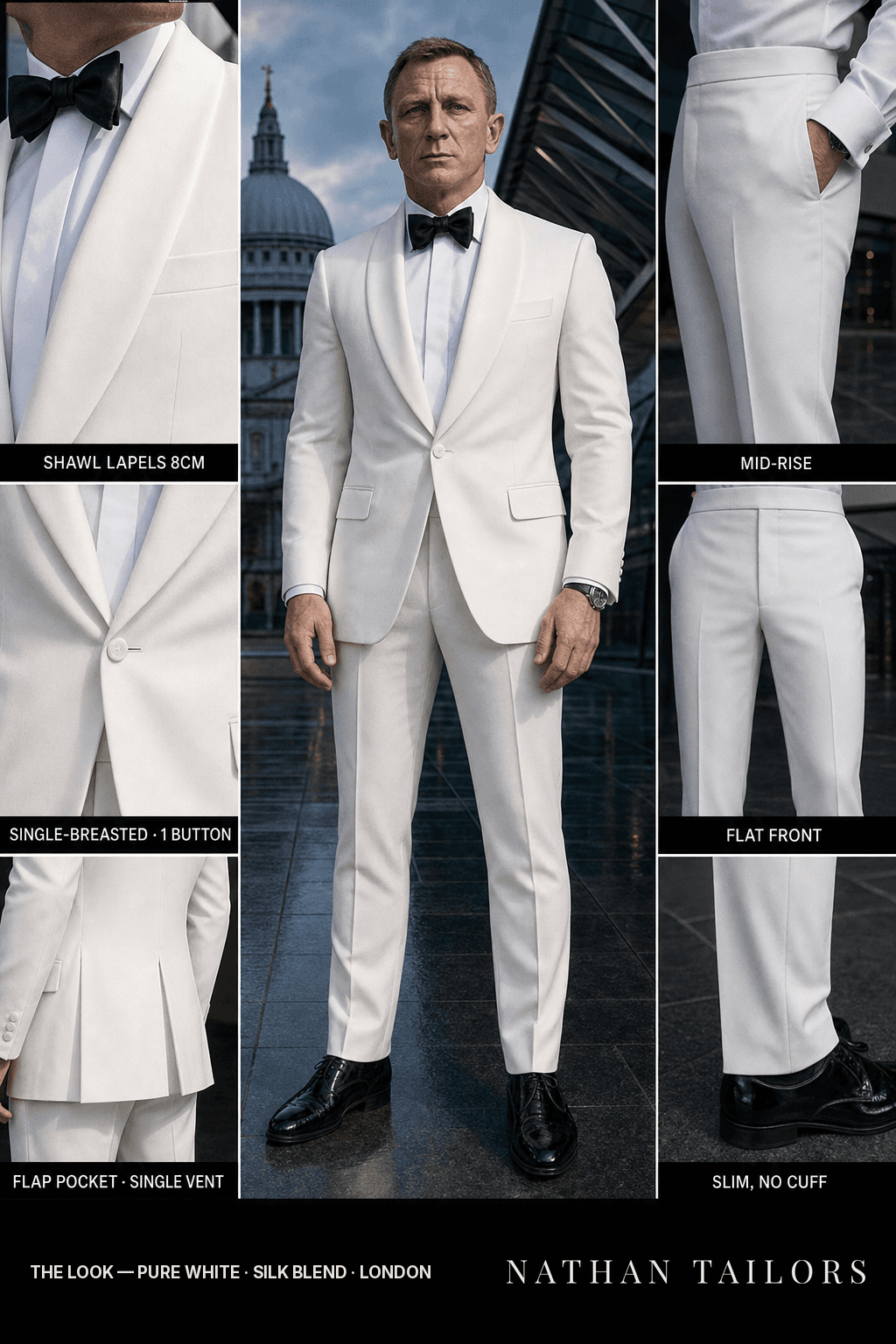 pure white single-breasted shawl-lapel bespoke suit — AI-rendered by Nathan Tailors, the Hoi An custom tailor. Available as a custom tailored suit from $149.