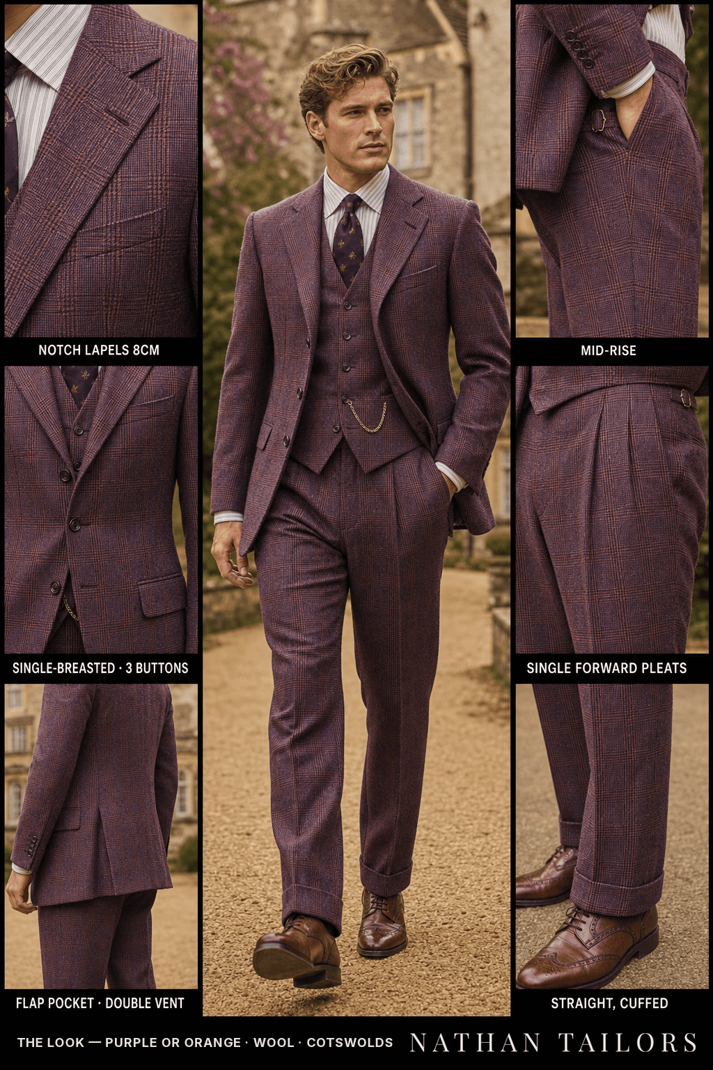 purple or orange glen plaid single-breasted notch-lapel bespoke suit — AI-rendered by Nathan Tailors, the Hoi An custom tailor. Available as a custom tailored suit from $149.