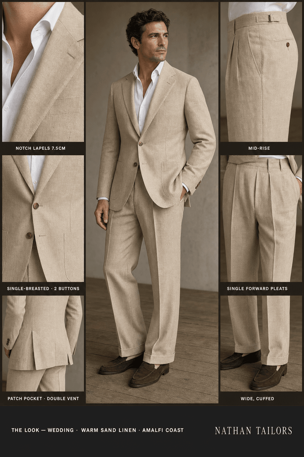 warm sand linen single-breasted notch-lapel bespoke suit — AI-rendered by Nathan Tailors, the Hoi An custom tailor. Available as a custom tailored suit from $129.