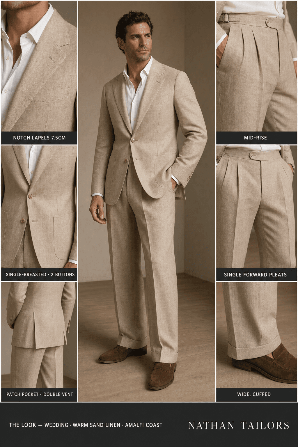 warm sand linen single-breasted bespoke suit — custom tailored by Nathan Tailors, the Hoi An custom tailor
