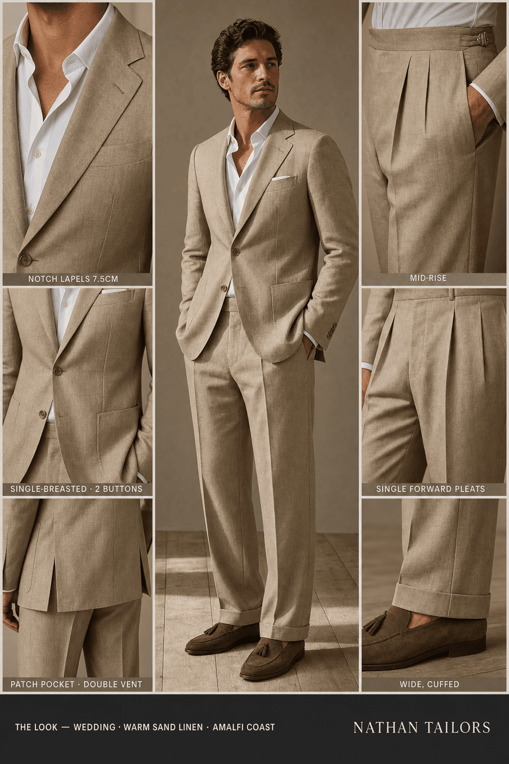 warm sand linen single-breasted bespoke suit — custom tailored by Nathan Tailors, the Hoi An custom tailor