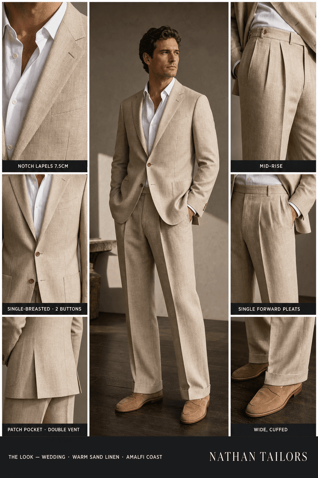 warm sand linen single-breasted suit — Nathan Tailors Hoi An tailor Atelier render