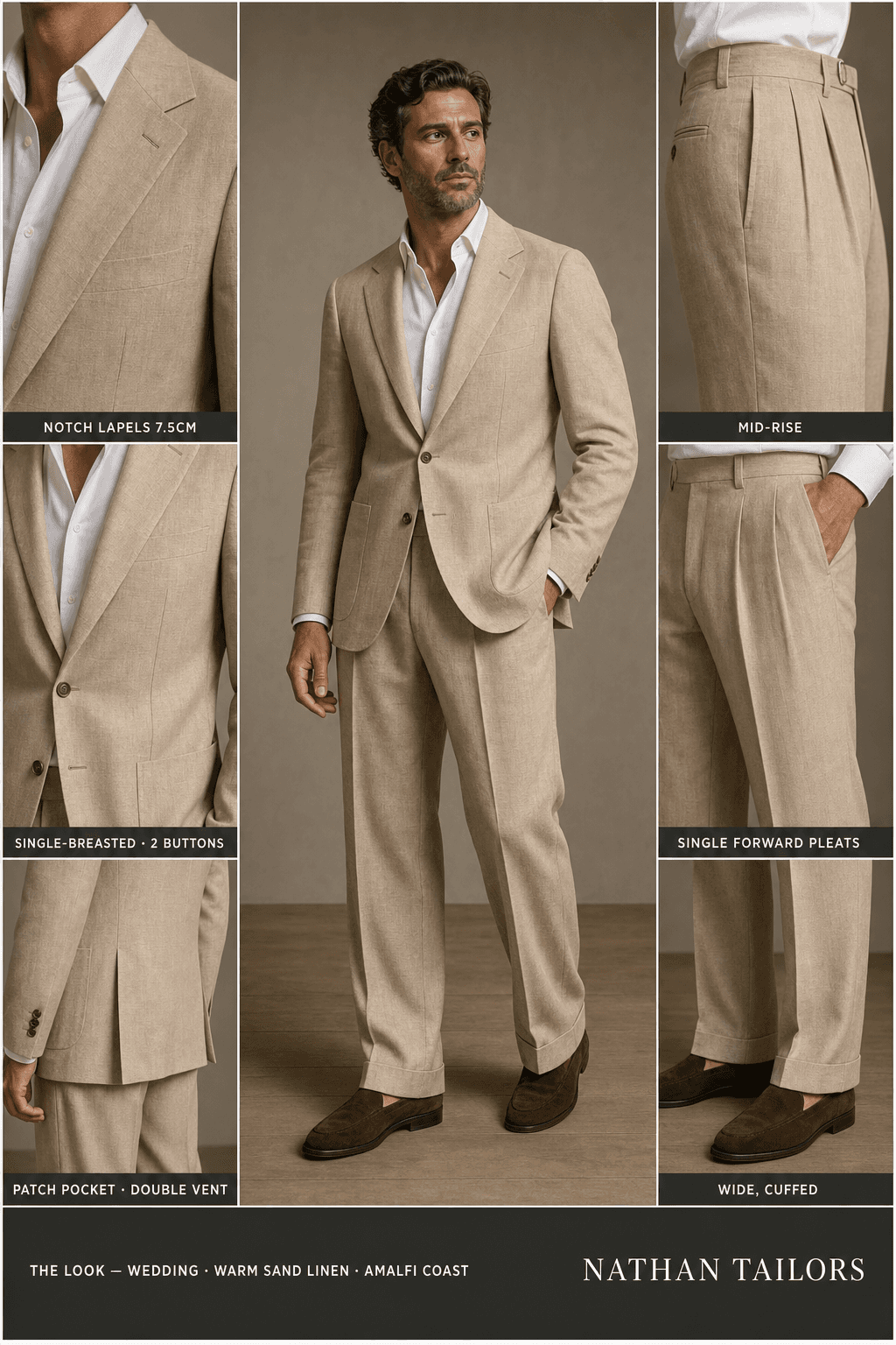 warm sand linen single-breasted bespoke suit — custom tailored by Nathan Tailors, the Hoi An custom tailor