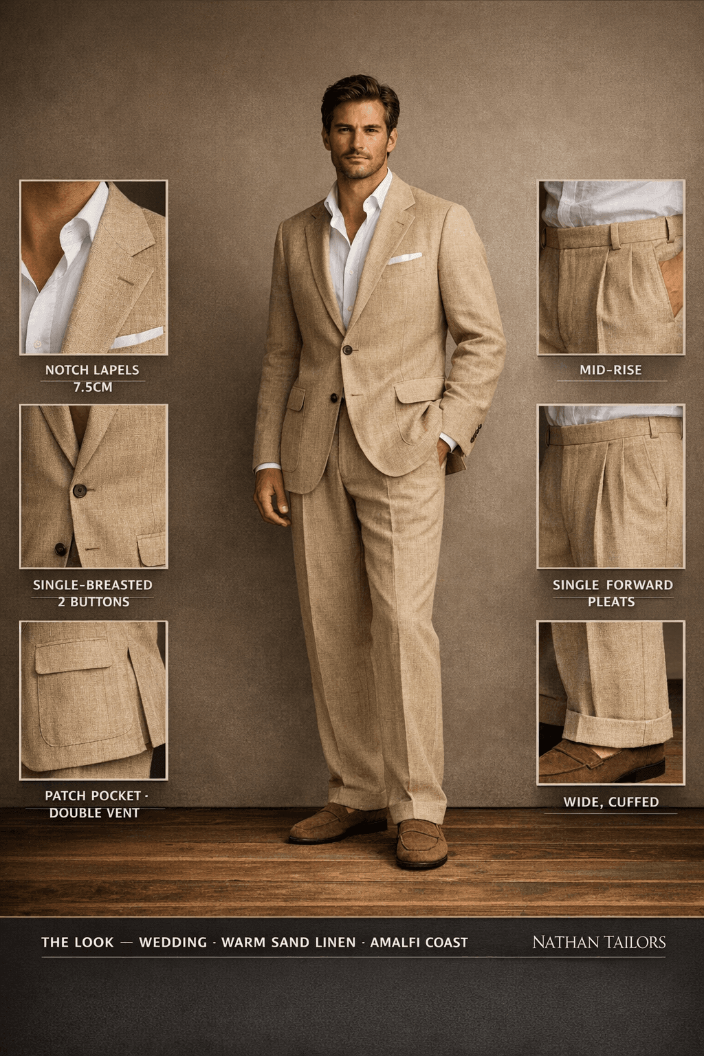 warm sand linen single-breasted suit — Nathan Tailors Hoi An tailor Atelier render