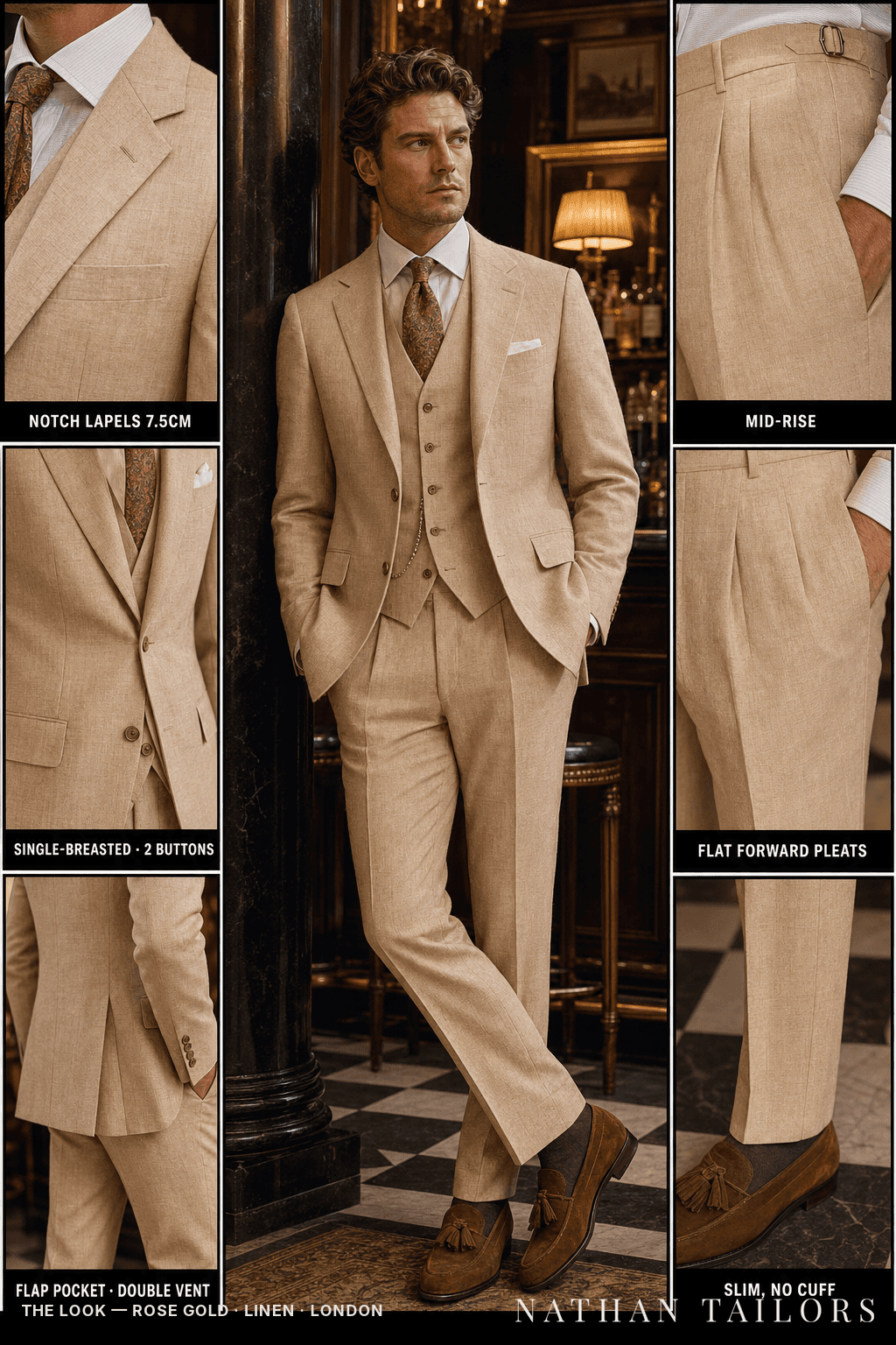 rose gold single-breasted notch-lapel bespoke suit — AI-rendered by Nathan Tailors, the Hoi An custom tailor. Available as a custom tailored suit from $149.