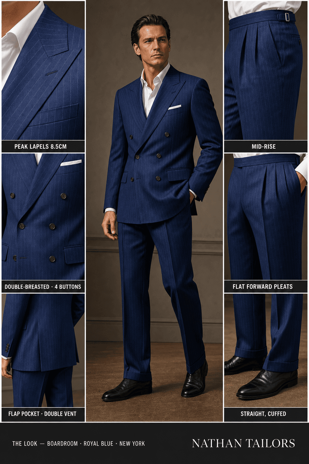 royal blue pinstripe double-breasted bespoke suit — custom tailored by Nathan Tailors, the Hoi An custom tailor