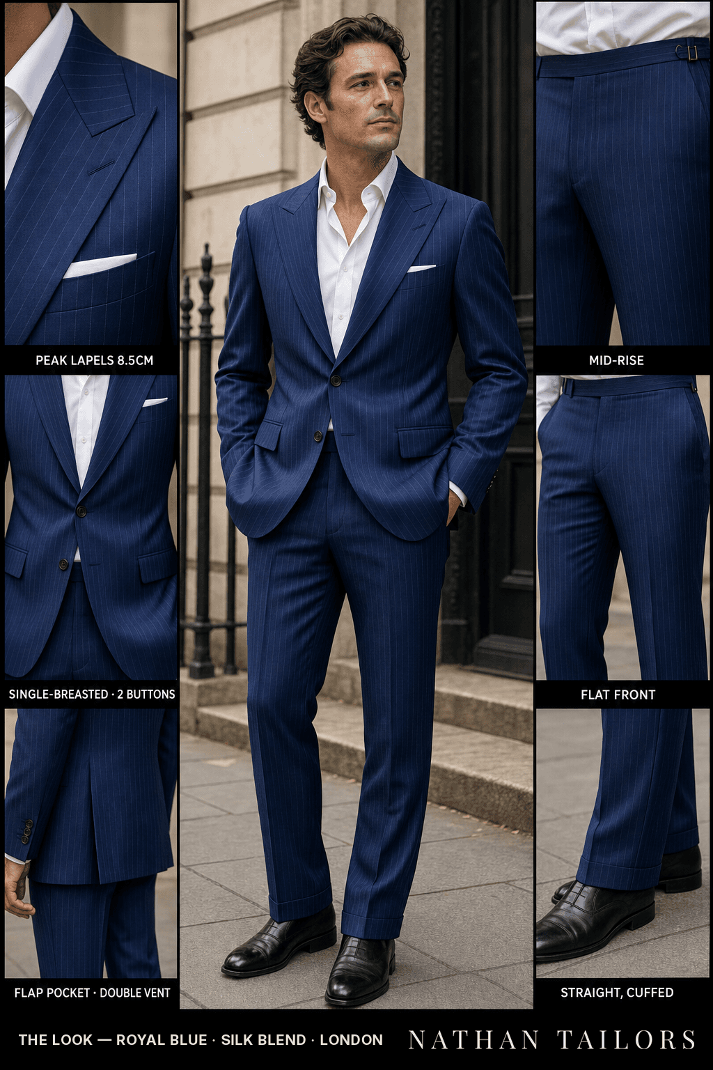 royal blue pinstripe single-breasted bespoke suit — custom tailored by Nathan Tailors, the Hoi An custom tailor