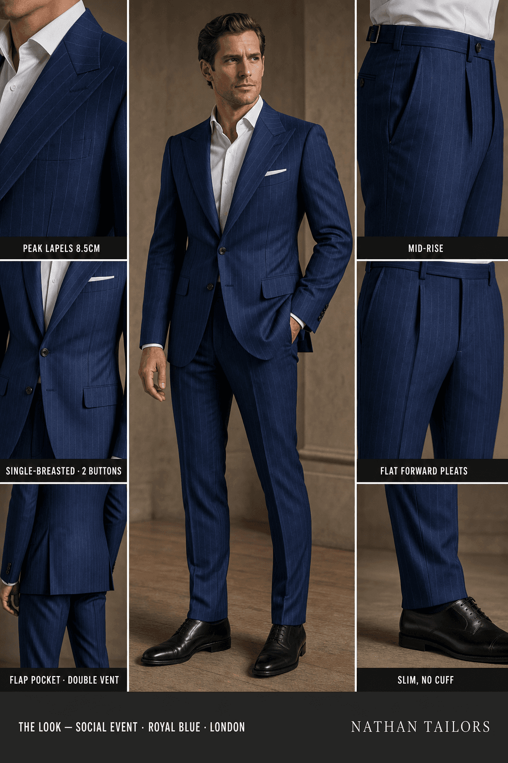 royal blue pinstripe single-breasted bespoke suit — custom tailored by Nathan Tailors, the Hoi An custom tailor