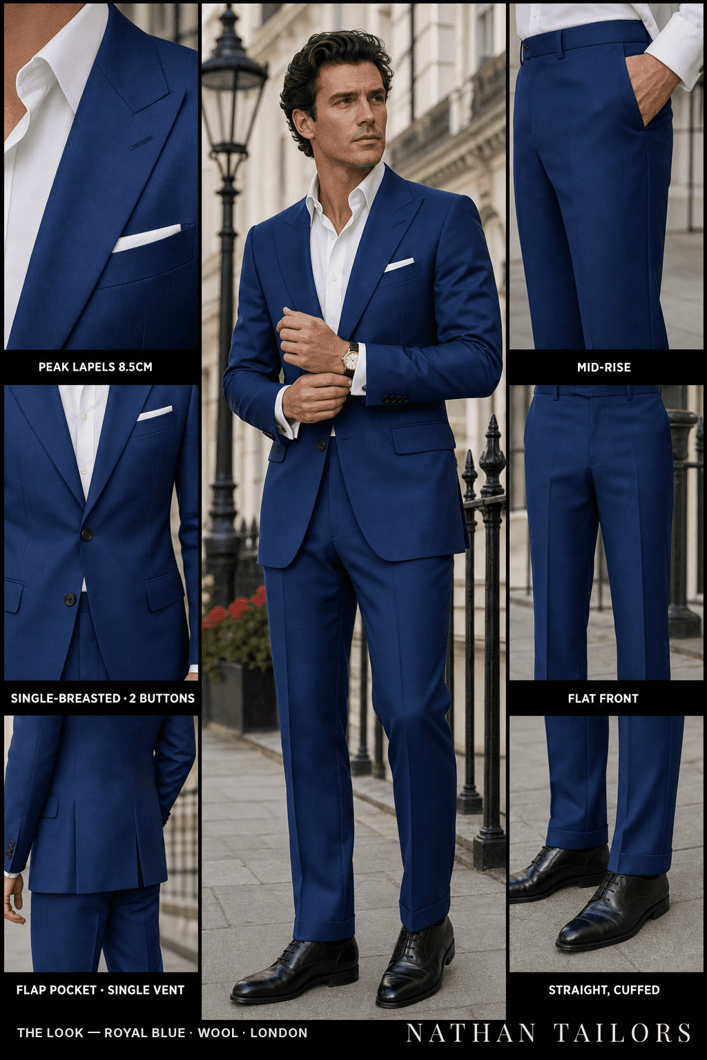 royal blue single-breasted peak-lapel bespoke suit — AI-rendered by Nathan Tailors, the Hoi An custom tailor. Available as a custom tailored suit from $149.