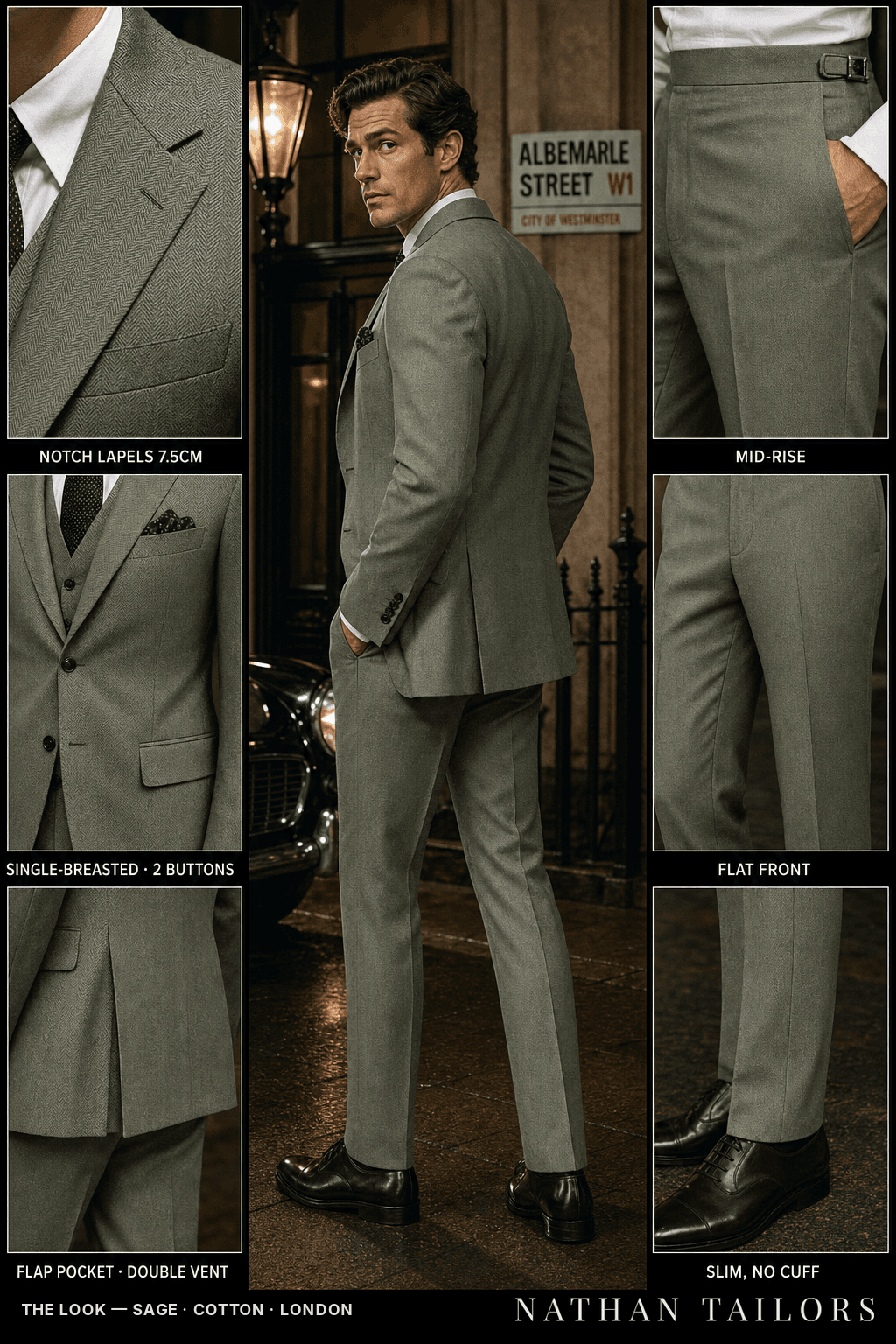 sage herringbone single-breasted bespoke suit — custom tailored by Nathan Tailors, the Hoi An custom tailor