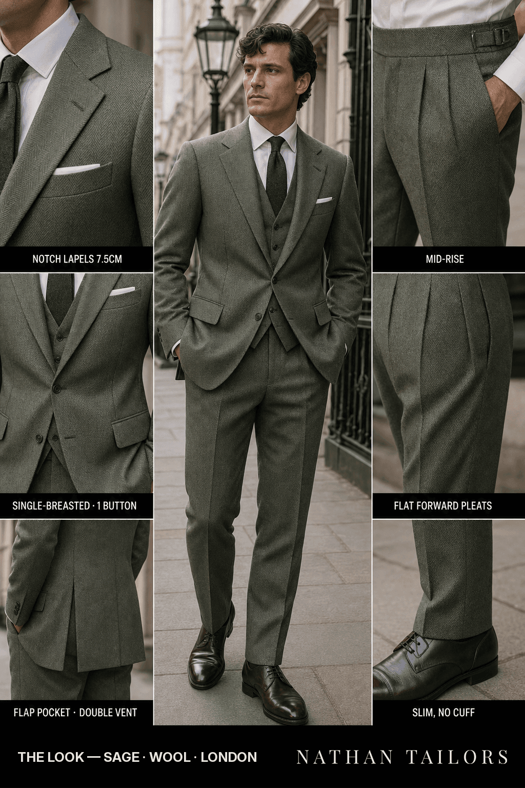 sage herringbone single-breasted notch-lapel bespoke suit — AI-rendered by Nathan Tailors, the Hoi An custom tailor. Available as a custom tailored suit from $149.