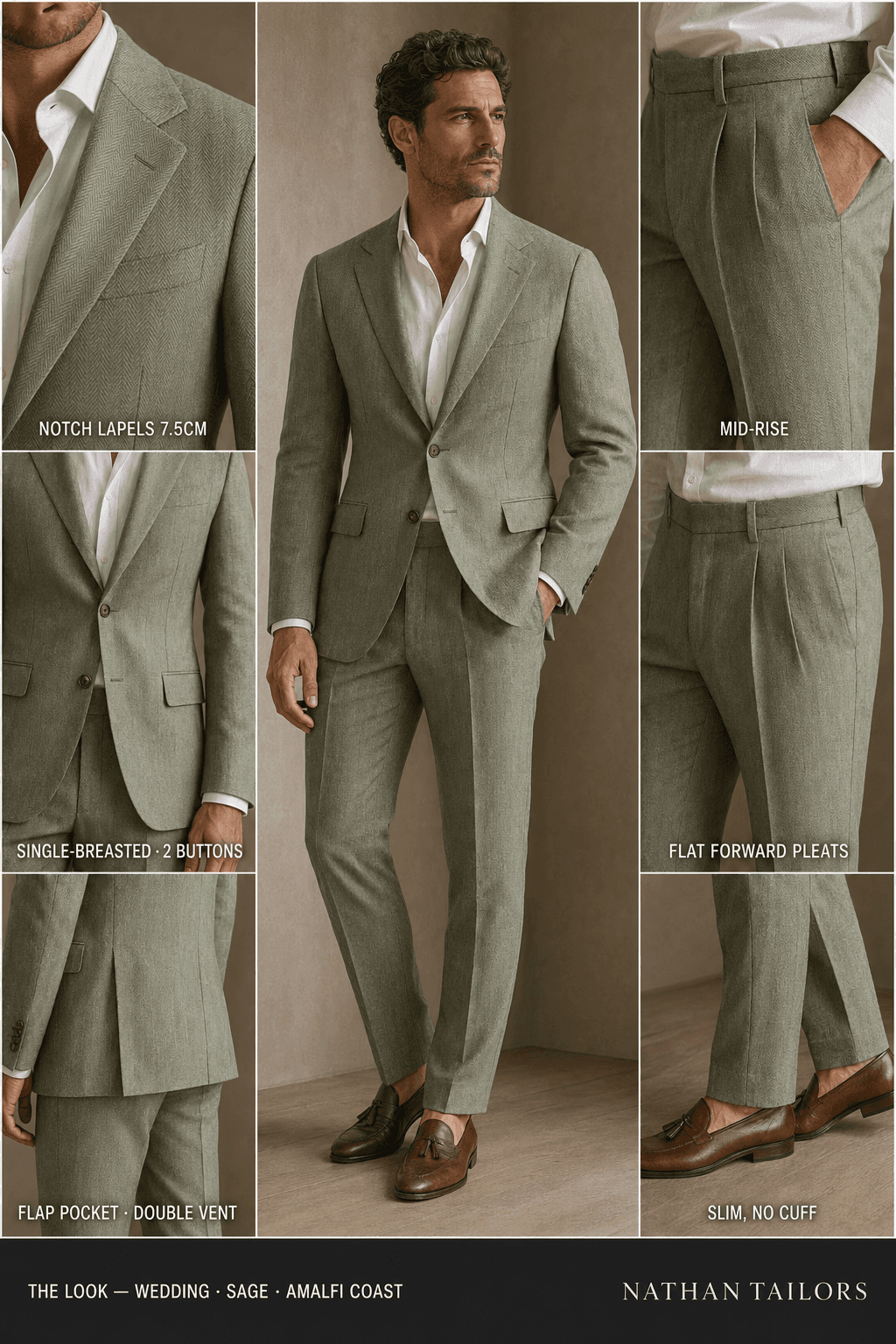 sage herringbone single-breasted notch-lapel bespoke suit — AI-rendered by Nathan Tailors, the Hoi An custom tailor. Available as a custom tailored suit from $129.