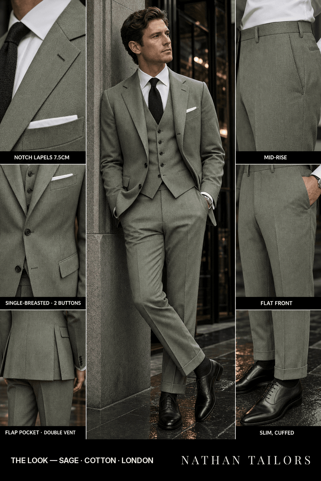 sage herringbone single-breasted bespoke suit — custom tailored by Nathan Tailors, the Hoi An custom tailor