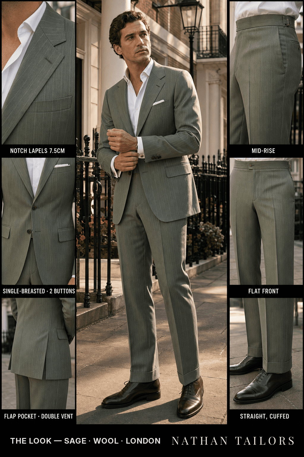 sage pinstripe single-breasted notch-lapel bespoke suit — AI-rendered by Nathan Tailors, the Hoi An custom tailor. Available as a custom tailored suit from $149.