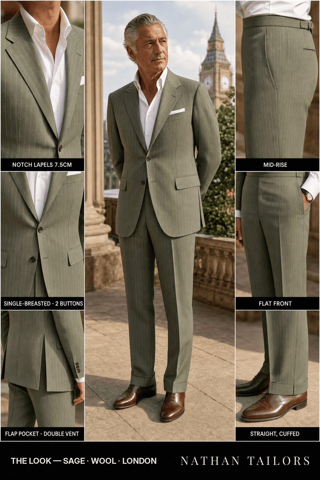 sage pinstripe single-breasted bespoke suit — custom tailored by Nathan Tailors, the Hoi An custom tailor
