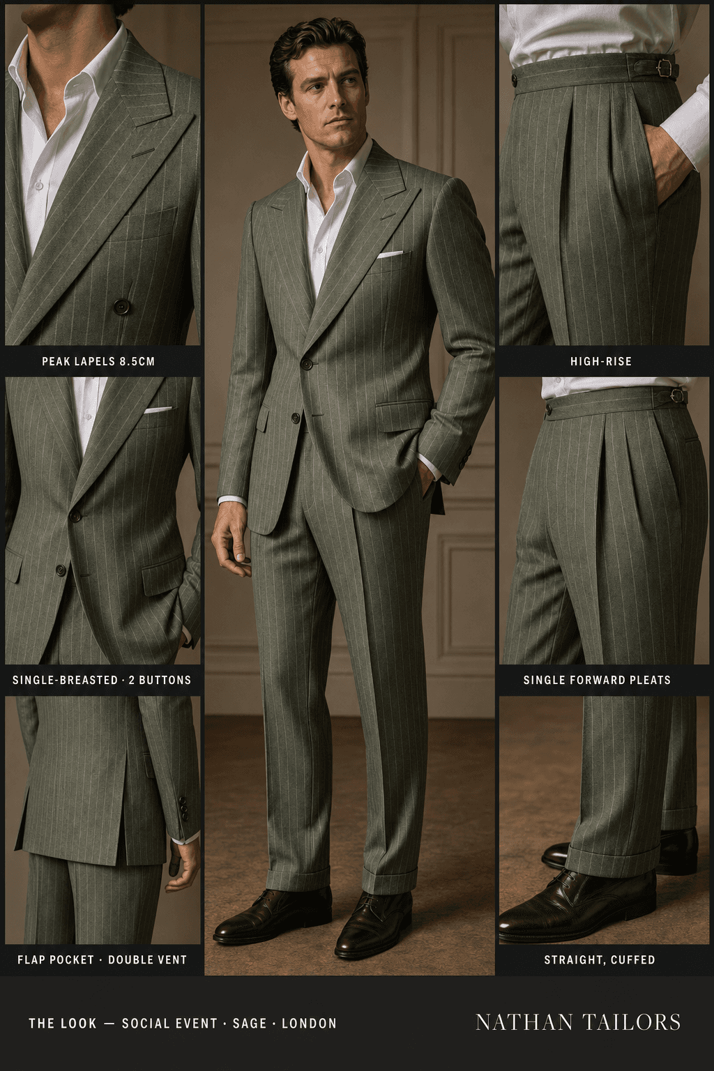 sage pinstripe single-breasted bespoke suit — custom tailored by Nathan Tailors, the Hoi An custom tailor