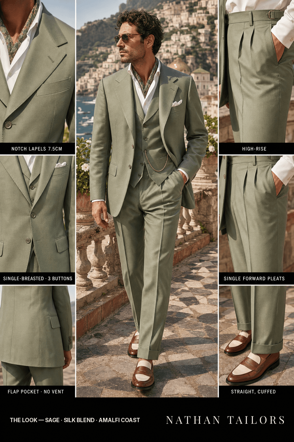 sage single-breasted notch-lapel bespoke suit — AI-rendered by Nathan Tailors, the Hoi An custom tailor. Available as a custom tailored suit from $149.