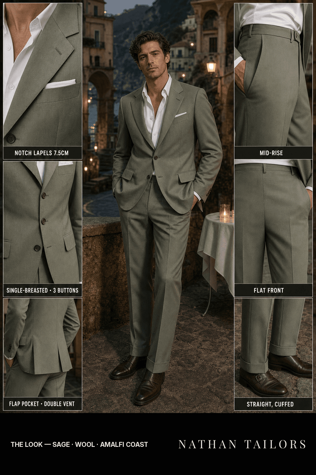 sage single-breasted bespoke suit — custom tailored by Nathan Tailors, the Hoi An custom tailor