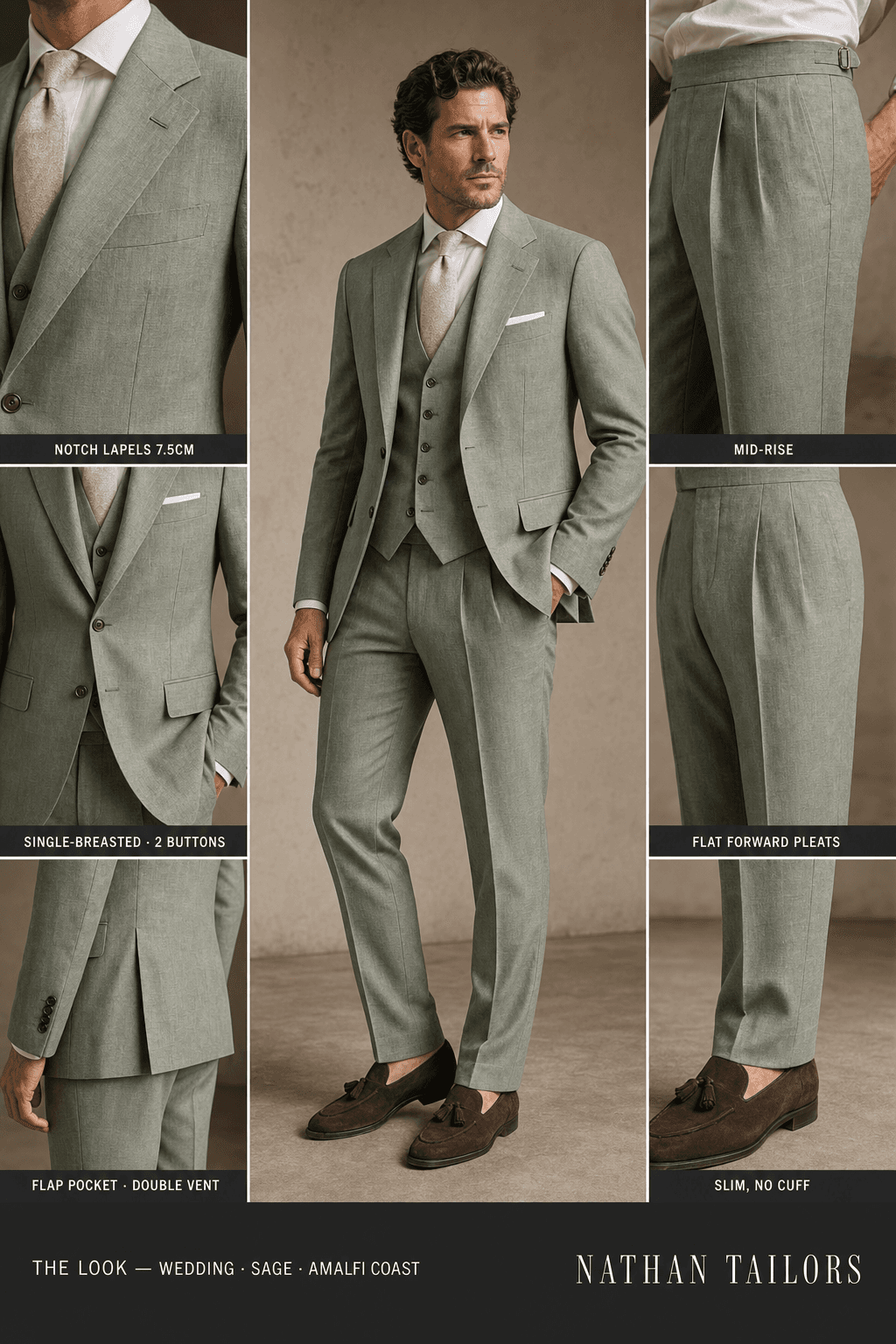 sage single-breasted notch-lapel bespoke suit — AI-rendered by Nathan Tailors, the Hoi An custom tailor. Available as a custom tailored suit from $129.