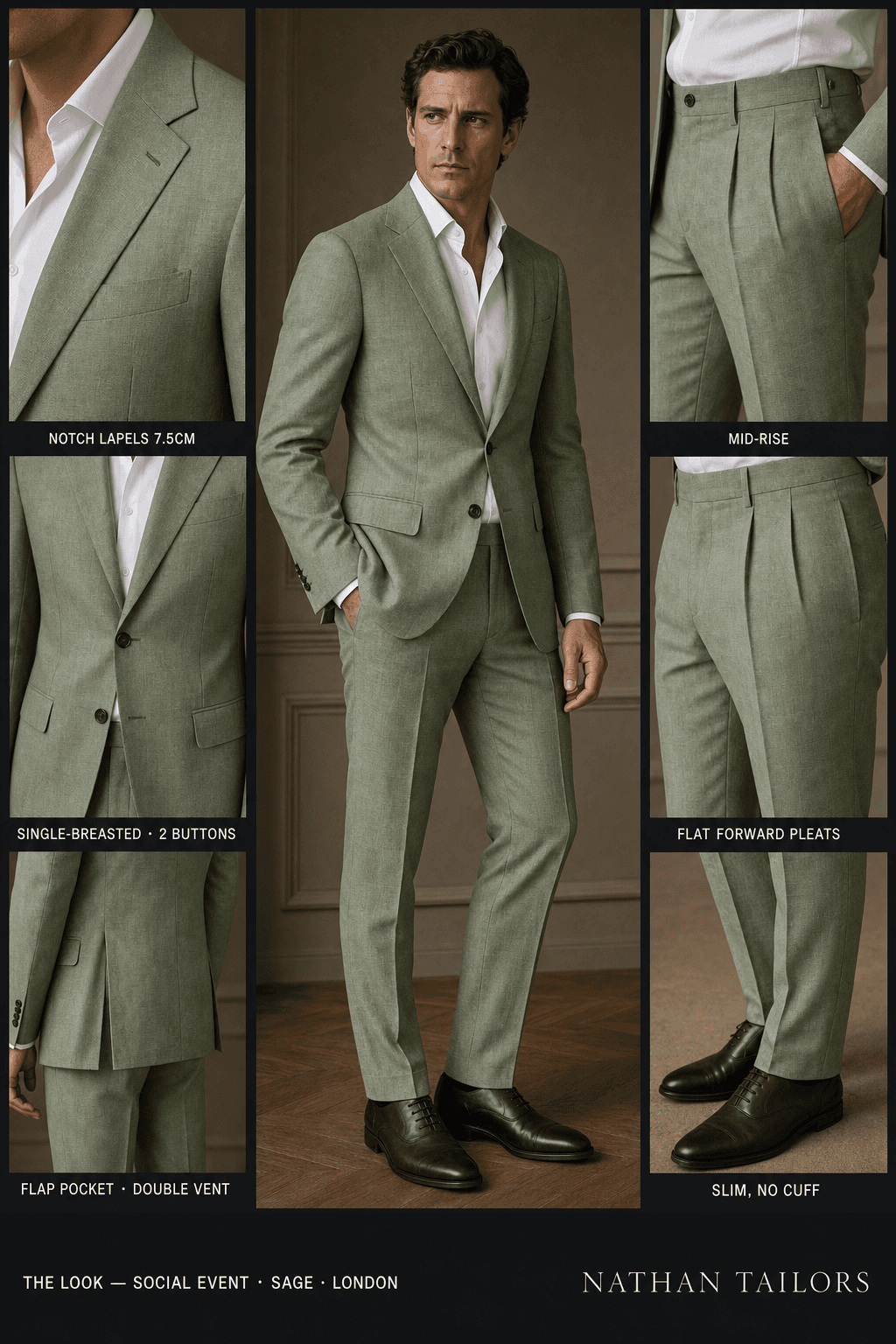 sage single-breasted notch-lapel bespoke suit — AI-rendered by Nathan Tailors, the Hoi An custom tailor. Available as a custom tailored suit from $129.