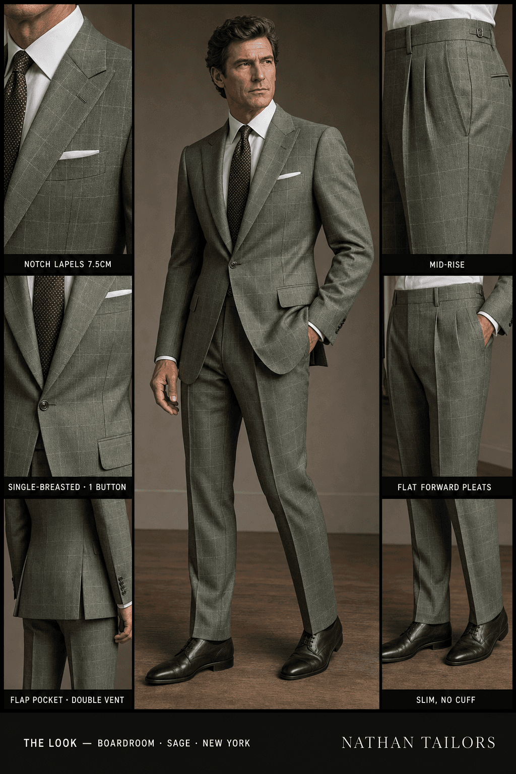 sage windowpane single-breasted notch-lapel bespoke suit — AI-rendered by Nathan Tailors, the Hoi An custom tailor. Available as a custom tailored suit from $129.