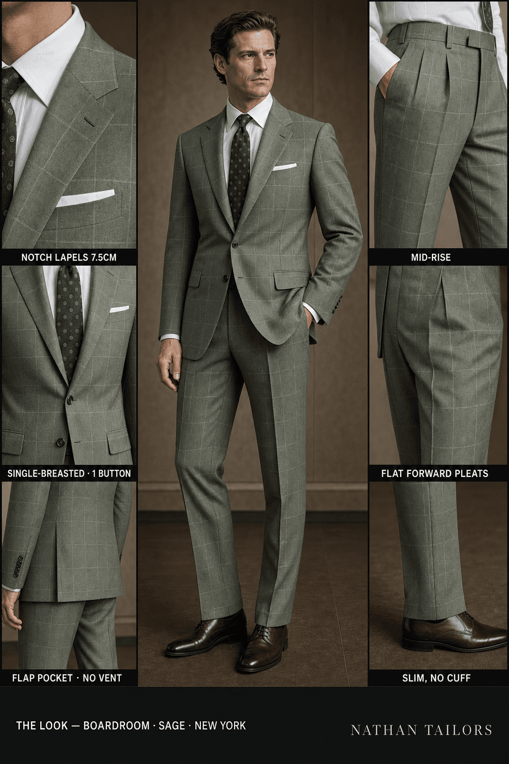 sage windowpane single-breasted bespoke suit — custom tailored by Nathan Tailors, the Hoi An custom tailor