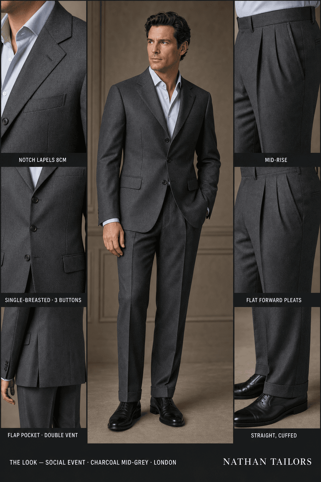 charcoal mid-grey single-breasted bespoke suit — custom tailored by Nathan Tailors, the Hoi An custom tailor