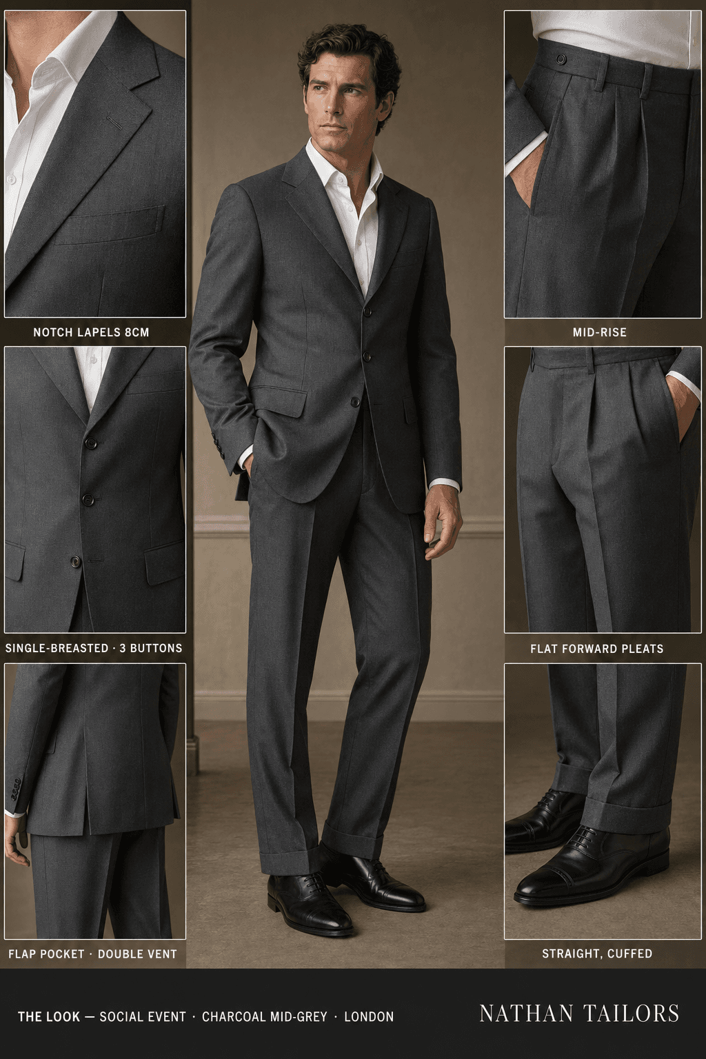 charcoal mid-grey single-breasted suit — Nathan Tailors Hoi An tailor Atelier render