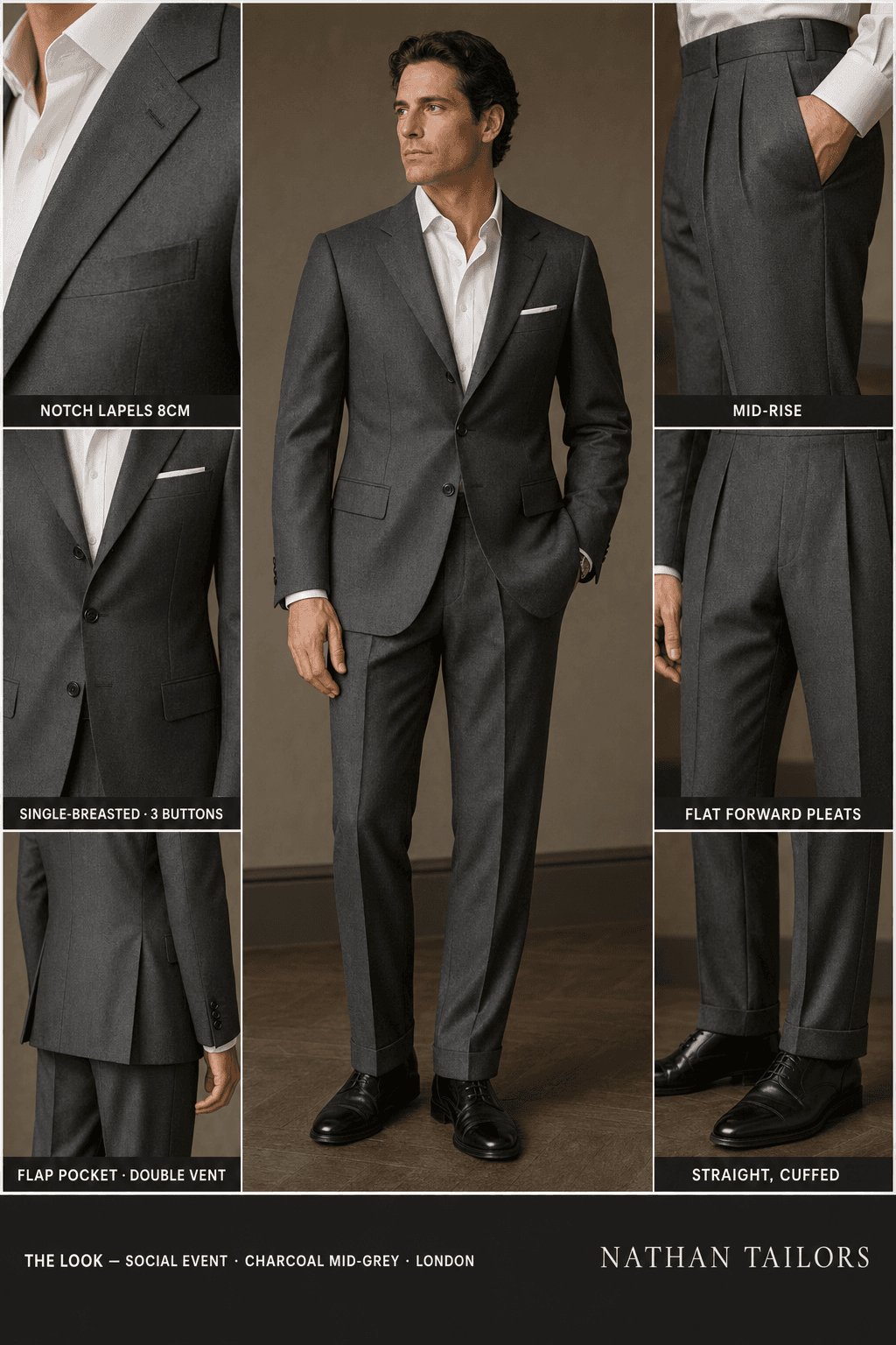 charcoal mid-grey single-breasted suit — Nathan Tailors Hoi An tailor Atelier render