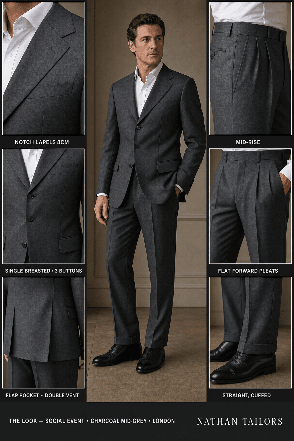 charcoal mid-grey single-breasted bespoke suit — custom tailored by Nathan Tailors, the Hoi An custom tailor