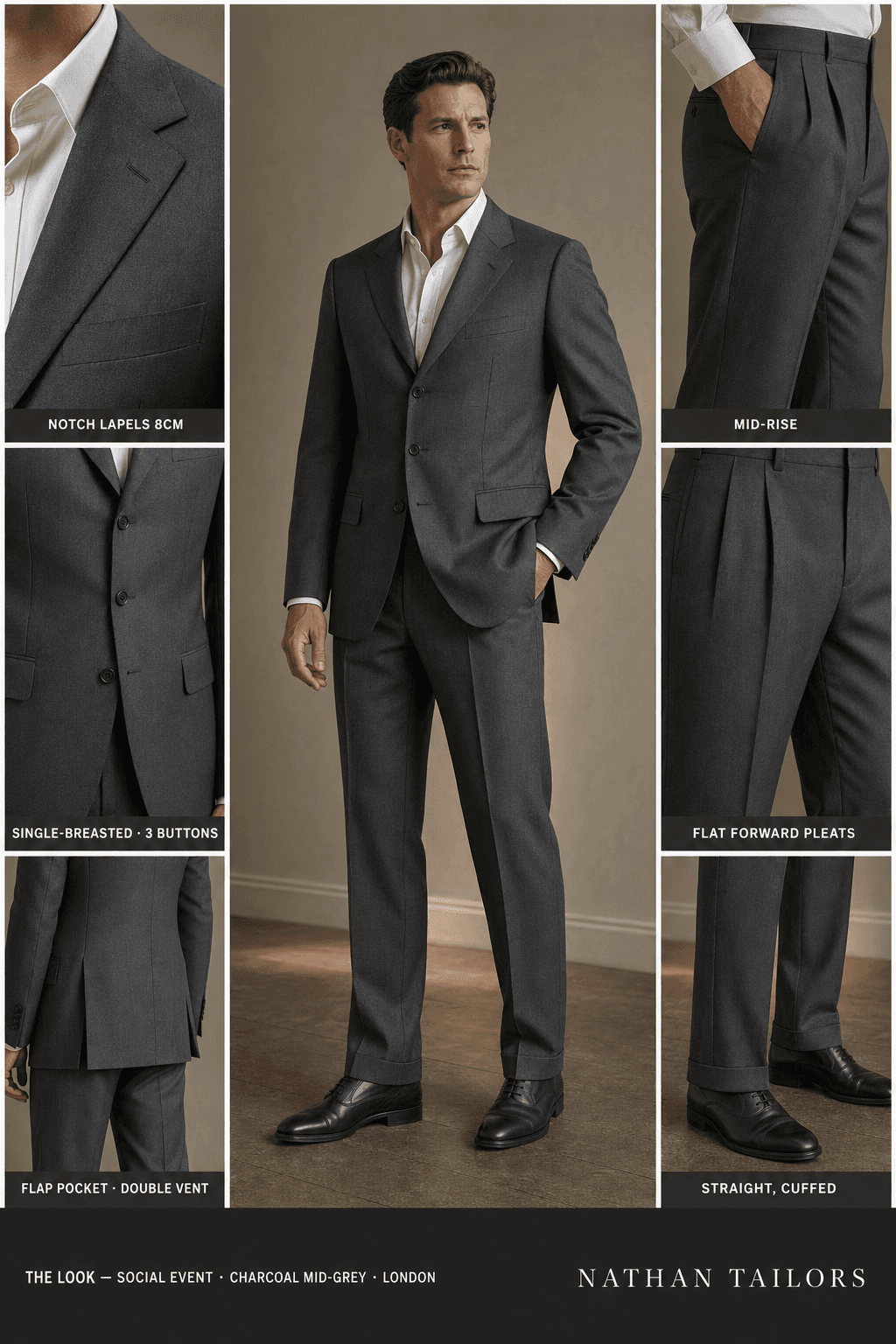 charcoal mid-grey single-breasted suit — Nathan Tailors Hoi An tailor Atelier render