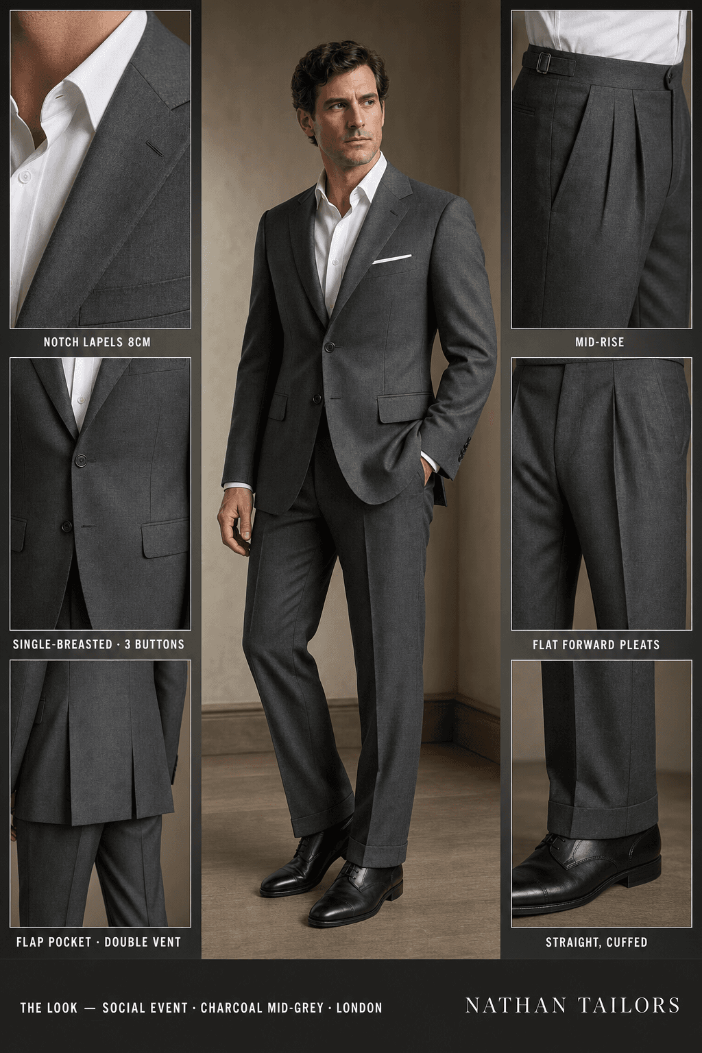 charcoal mid-grey single-breasted bespoke suit — custom tailored by Nathan Tailors, the Hoi An custom tailor