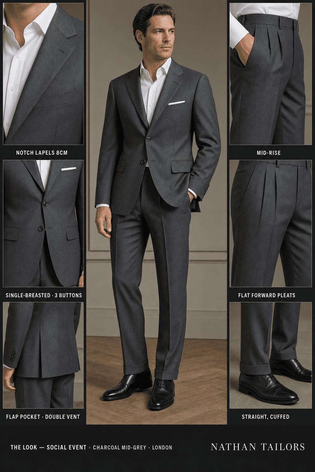 charcoal mid-grey single-breasted bespoke suit — custom tailored by Nathan Tailors, the Hoi An custom tailor